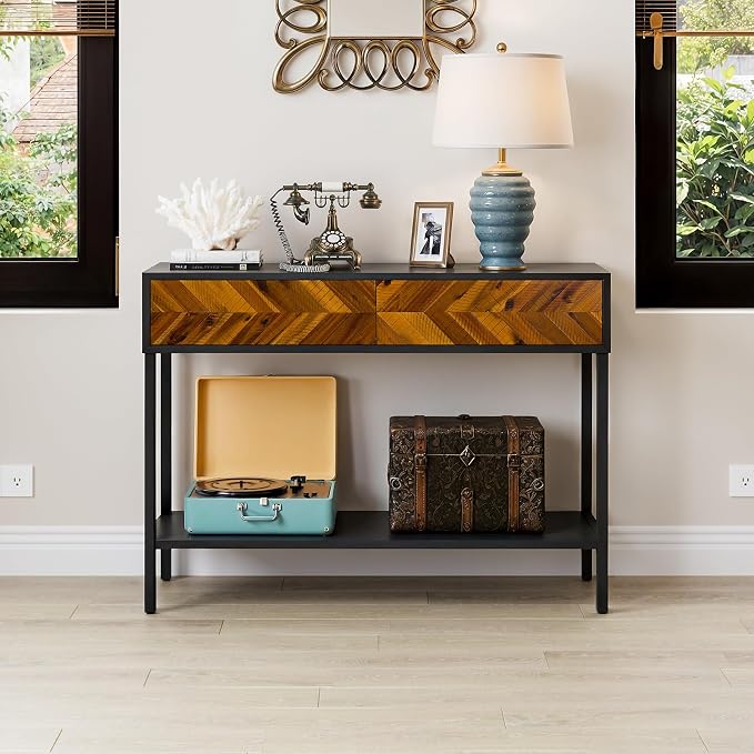 Bme Vivian Console Table with 2 Drawers, Solid Acacia Wood Entryway Table, Rustic Golden Brown Mid Century Modern Sofa Table with Storage, Solid Wood Hallway Table for Living Room or Foyer - Image 6