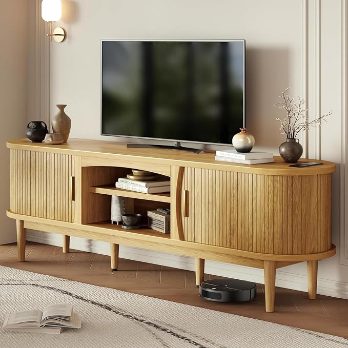 Decofy Mid Century TV Stand for TVs up to 80 Inches, Entertainment Center with Storage, Power Outlet, Fluted Sliding Doors & Adjustable Shelves, Modern Media TV Console Table for Living Room (Oak) - Image 7