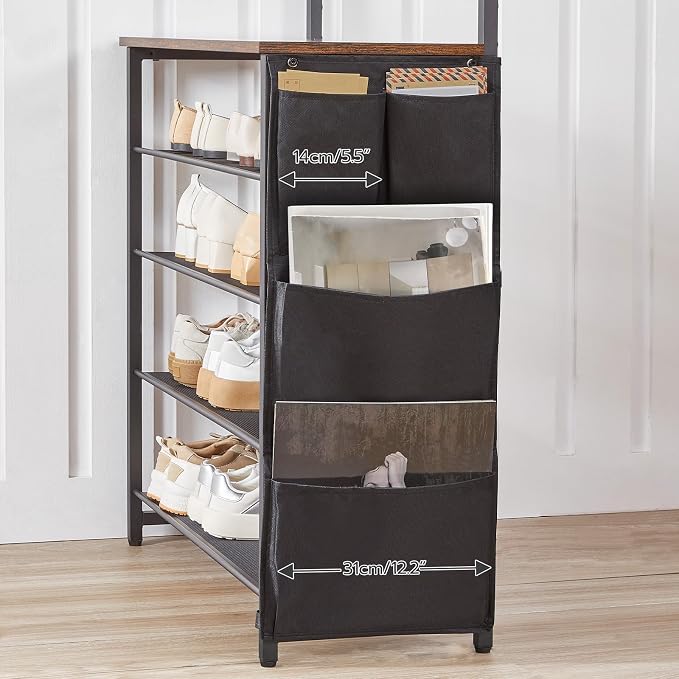 HOOBRO Hall Tree with Bench, Entryway Coat Rack with Shoe Rack, Shoe and Coat Rack, 5 Tier Shoe Storage Organizer with Oxford Fabric Side Pockets, Adjustable Mesh Shelves, Rustic Brown BF75MT01 - Image 9