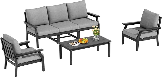 HDPE Patio Conversation Set, 6-Piece All Weather Outdoor Furniture Set with 2 Single Armchairs for Deck, Lawn, with Cushion, Black