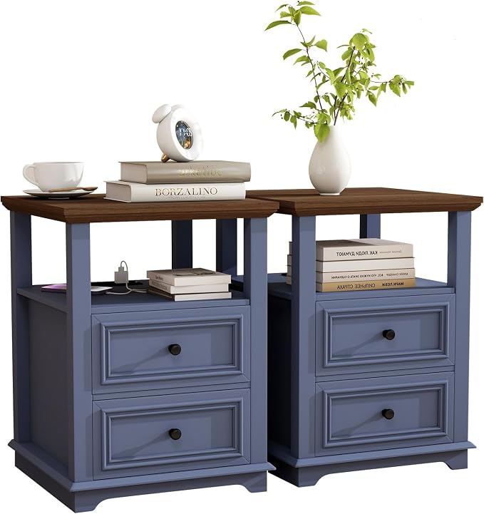 Vipbear Blue Nightstand with Charging Station 18" Navy Farmhouse End Table with Drawers Wood Night Stand Modern Bedside End Table with Open Shelf Storage Space for Bedroom,Living Room,Closet - Image 9