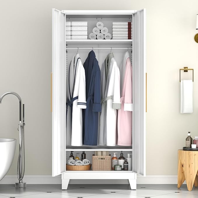 75.3" Tall Metal Armoire Wardrobe Closet with 2 Doors, Adjustable Hanging Rod & 2 Adjustable Shelves, Freestanding Storage Cabinet Organizer for Bedroom, Office, Laundry Room, White