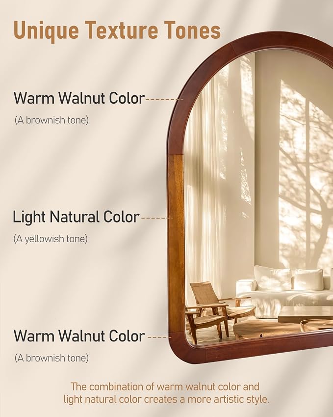 Arched Mirror 22 x 30 Inch,Brown Wood Rustic Bathroom Tempered Wall Mirror with Wood Frame,Round Corner Arch Farmhouse Wooden Vanity Mirror for Living Room,Entryway or Bedroom(Walnut Brown) - Image 7