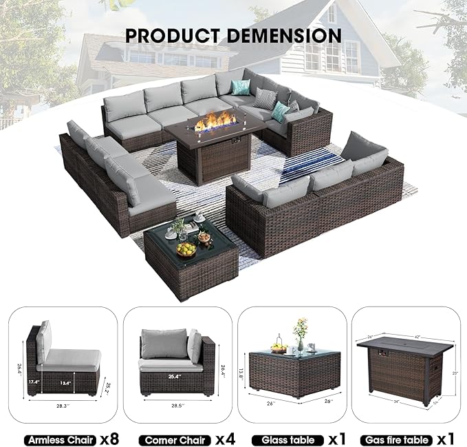 Patio Furniture Set 14 Pieces with 44" Fire Pit Table, Rattan Outdoor Sectional Conversation Sets, All Weather Outdoor Furniture Set with Cushions for Garden Lawn Balcony Porch Deck Grey