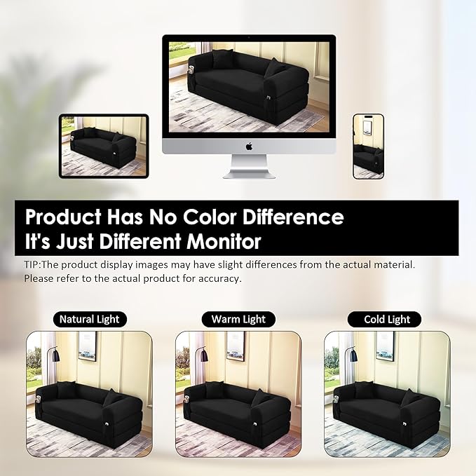 80" Convertible Sofa Bed, 3-in-1 Corduroy Folding Pull Out Couch with Pillows, No Assembly Modern Boneless Couch Compression Sofa in Box, Floor Sofa with Side Storage for Living Room,Black