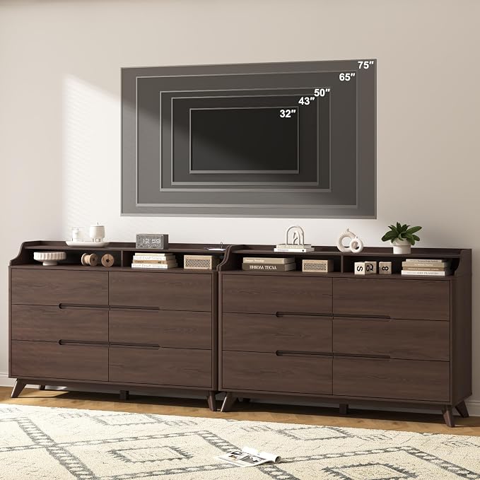 Dresser for Bedroom with 6 Drawers, 55" Large Dresser w/Charging Station, Open Shelf Top, Pre-Installed Slides, Wood Closet Clothes Storage Long Dressers for Bedroom, Living Room, Hallway, Brown - Image 8