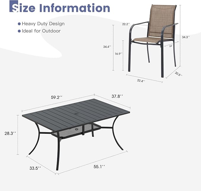 VICLLAX Patio Table and Chairs Set for 6, Patio Furniture Set of 6 Patio Stackable Dining Chairs and Outdoor Metal Table with Umbrella Hole for Backyard Lawn Garden, Brown Chairs and Black Table - Image 7