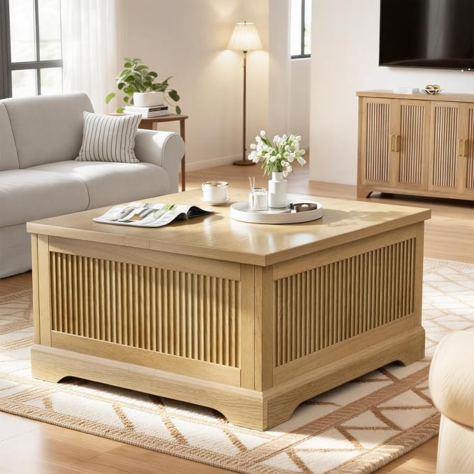Lift Top Coffee Table with Storage,Fluted Coffee Tables with Lifting Top,Modern Farmhouse Square Center Table for Living Room, Home Office, with Hidden Compartment, Flip-Up Lids, Natural Oak