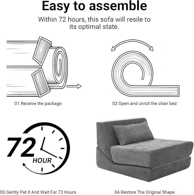 Chair Bed Sleeper for Adults, Convertible Sleeper Chair Bed with Pillow, 3 in 1 Folding Sofa Bed Chair Lounge with Back Support & Removable Washable Cover for Living Room, Office (Grey) | Folding Bed Chair, with Pillow