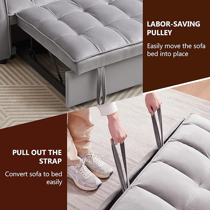 3 in 1 Sleeper Sofa Couch Bed, Pull Out Loveseat with Storage, Full Size Velvet Convertible Chair with 2 Pockets & 2 Pillows for Living Room, Grey