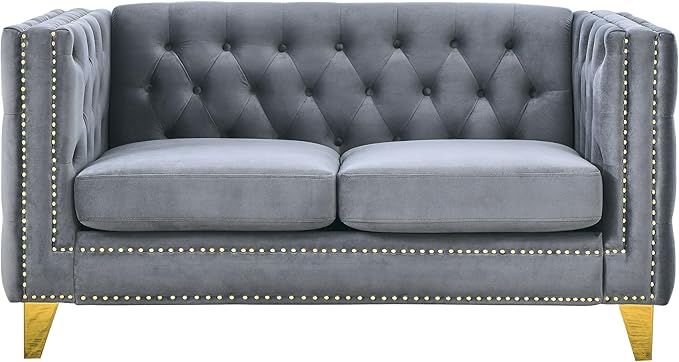 KEIKI Tufted Velvet 2 Seat Sofa Couch for Living Room, Buttons Tufted Square Arm Couch for Home Apartment, Gray