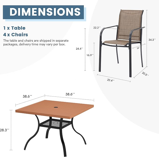 DIFY 5 Pieces Outdoor Patio Dining Set for 4, 38.6" Walnut Square Patio Table with Umbrella Hole and 4 Brown Stackable Sling Chairs, Outdoor Table and Chairs for Lawn Garden, Backyard - Image 7