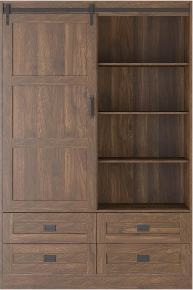 Wardrobe Closet with Sliding Barn Door, Tall Wooden Bedroom Armoire Wardrobe Closet Clothing Storage Cabinet with 4 Drawers, Adjustable Shelves and Hanging Rod, Clothes Cabinet for Bedroom, Brown