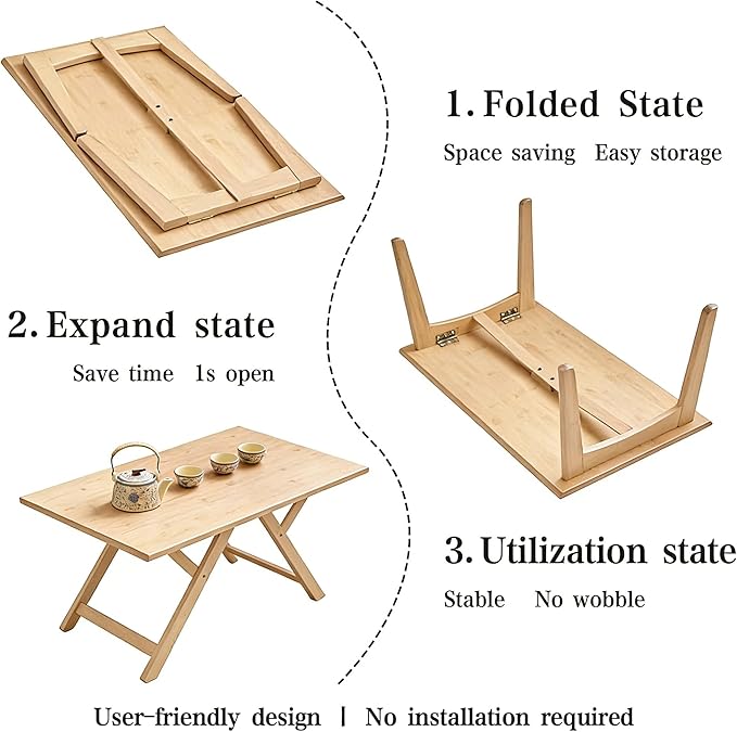 Japanese Floor Table No Assembly Required Bamboo Folding Walnut Coffee Table Bedroom Furniture Low Tea Table for Sitting on The Floor (Natural Wood, Large)