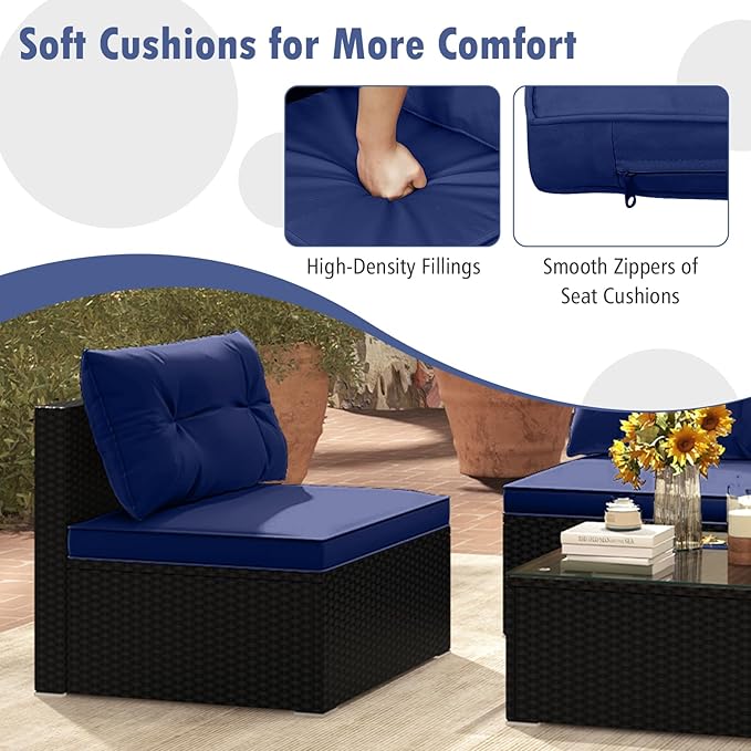 Tangkula 5 Piece Rattan Sofa Set, Outdoor Wicker Furniture Set w/Seat & Back Cushions, Square Coffee Table, Patio Sectional Sofa Set for Backyard, Poolside, Garden (Navy)