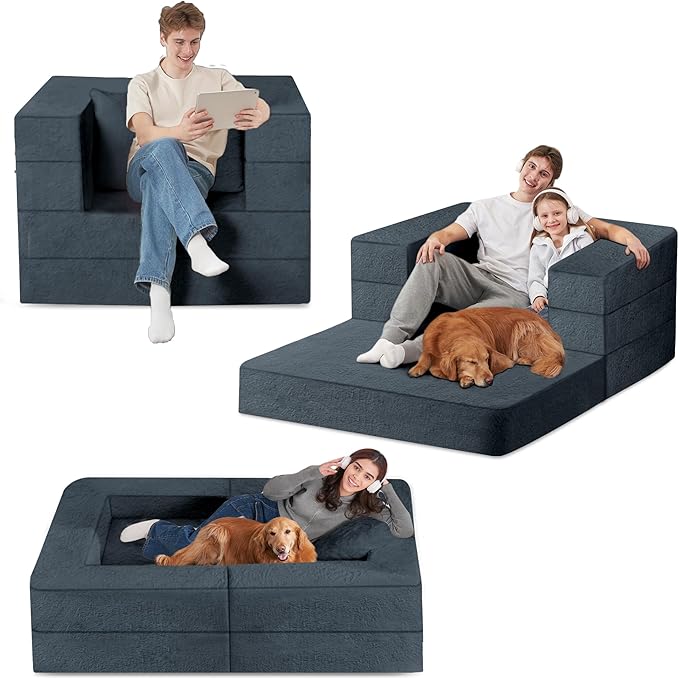 Futon Sofa Bed with Pillow, 3-in-1 Sleeper Sofa Bed with Removable Cover, Convertible Floor Sofa Bed, No Assembly Boneless Couch for Living Room, Bedroom