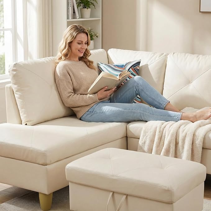 3-Piece L-Shaped Modular Leather Sofa – Convertible Sectional Couch with Movable Chaise & Storage Ottoman, Multi-Scene Use for Living Room, Apartment & Office, White