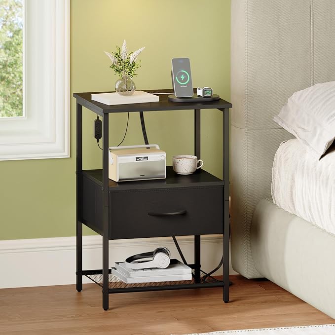 Somdot Black Nightstand Set of 2 with Charging Station and LED Light for Bedroom, Bedside Table End Table for Dorm Guest Room Bedside Kids Laundry Closet Entryway Hallway, Black - Image 8