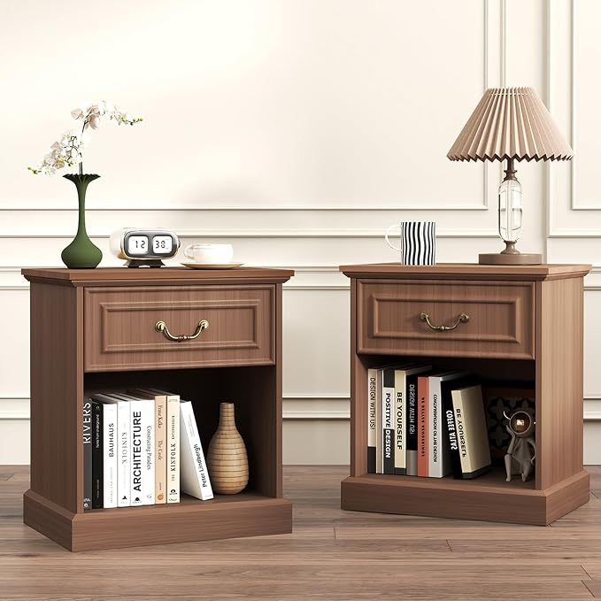 Nightstand Set of 2 with Drawer and Open Shelf, Wooden Bed Side Table for Bedroom, Modern End Table Side Table for Living Room, Small Night Stand Set 2 Furniture for Small Spaces (Walnut) - Image 9