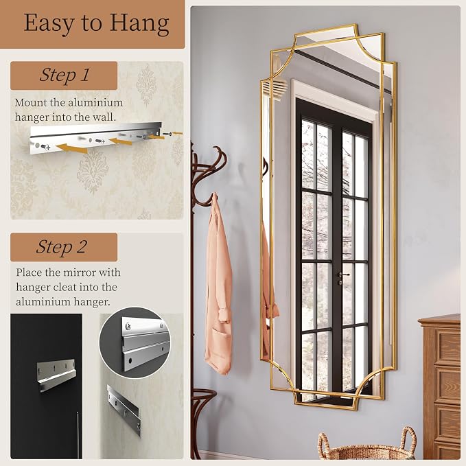 Kelly Miller Large Gold Full Length Mirror for Wall, 60"x30" Full Body Mirror Beveled Scalloped Modern Elegant Home Decor for Bedroom Living Room Bathroom Dressing Room Entryway Hallway - Image 9