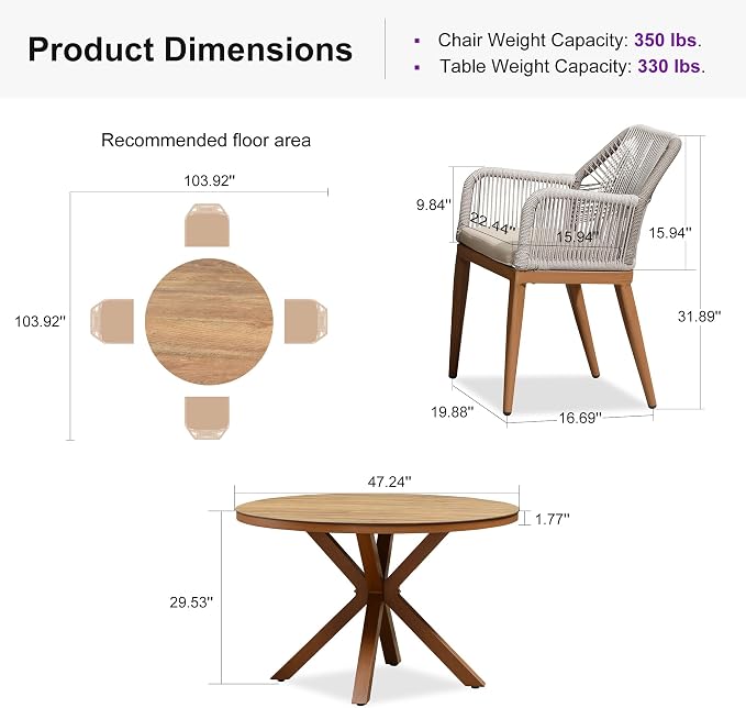 PURPLE LEAF 5 Pieces Patio Round Dining Set Aluminum Oversize Round Table and Rattan Arm Chairs with Cushions for Kitchen Porch Garden Modern Outdoor Furniture Sets - Image 9