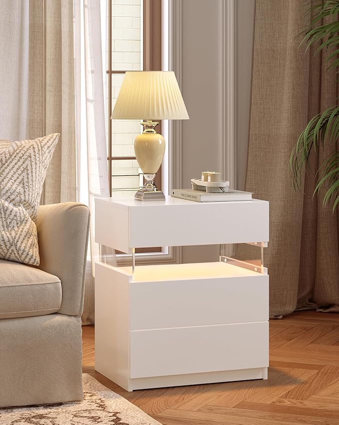 Bingoday White LED Nightstands Set of 2 Modern Night Stand Set 2 Bedside Table with 3 Drawers for Bedroom End Side Table - Image 8