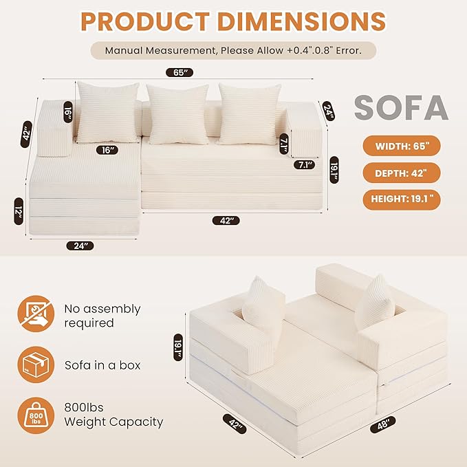 Modular Sectional Sofa, Boneless Convertible Oversized Sleeper Sofa Bed, Modern Tri-Folding Cloud Couch with L-Shape Chaise, Corduroy Futon Couches for Living Room Small Spaces Apartment,No Assembly