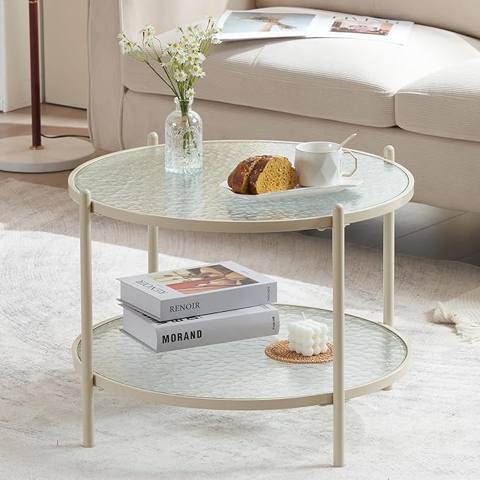 VINGLI 25.6" Small Cream White Round Coffee Table Water-Wave Glass Circle Clear Coffee Table, Center Table with 2-Tier Modern Storage Design for Living Room, Bedroom, Meeting Room, Balcony, Beige