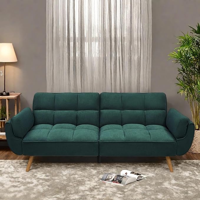 Convertible Futon Sofa Bed, Modern Futon Couch with 2 Pillows, Small Futons Couch with Adjustable Armrest & Backrest, Loveseat Sofa Bed for Living Room, Bedroom, Green