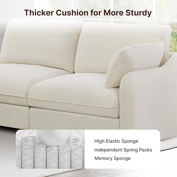 113" Cloud Sectional Couches for Living Room,L Shaped Oversized Modular Modern Linen Sofa with 1 Movable Ottoman,4 Deep Seat with 2 Throw Pillows,Warm White