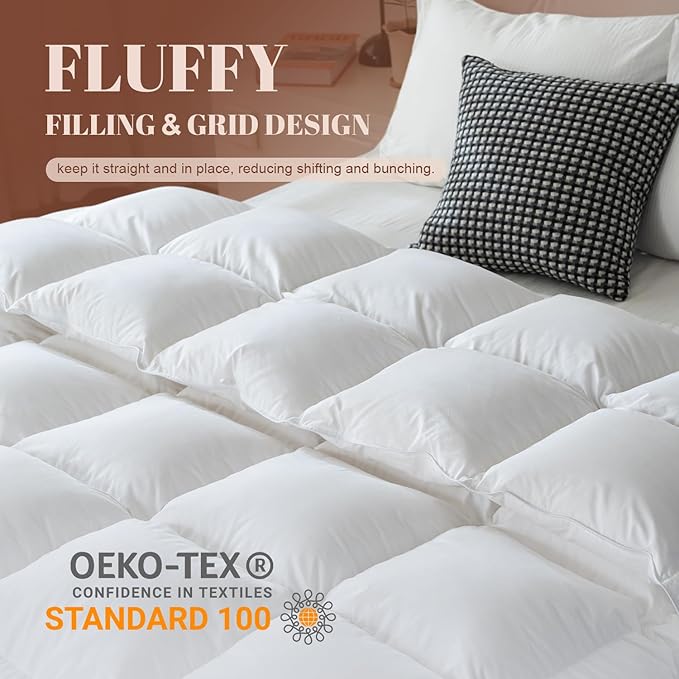 WhatsBedding Queen Size Feather Comforter, Filled with Feather and Down Fiber, White All Season Duvet Insert - Luxurious Hotel Bed Comforter - 100% Cotton Cover, Medium Warmth with Corner Tabs - 90x90