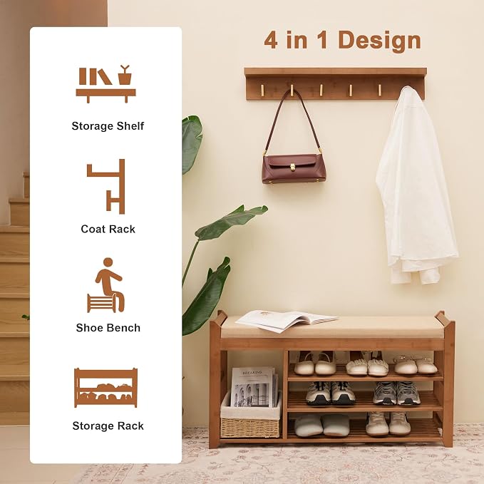 PETKABOO Hall Tree with Bench and Shoe Storage, Coat Rack Shoe Bench Set with Seat Cushion and 6 Hooks for Entryway, Hallway, Living Room and Bedroom - Image 9