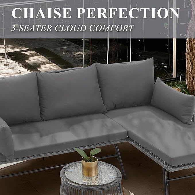 Bezseller 3-Piece Outdoor Patio Furniture Set – L-Shaped Rattan Sectional Sofa with Detachable Lounger, Glass Coffee Table & 4" Cushions – All-Weather PE Wicker for Backyard, Porch, Poolside