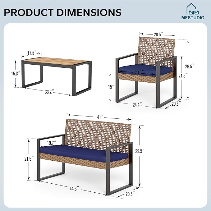 MFSTUDIO 4 Piece Wicker Patio Furniture Set, Small Patio Sofa with Loveseat & Chaise & Acacia Wood Table, Outdoor Rattan Sectional Furniture Set for Porch, Backyard, Blue