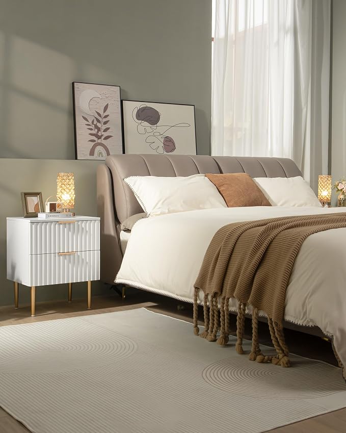 SICOTAS White Night Stand Set 2, Fluted Glossy Nightstand with 2 Drawers, Wide Modern Storage Bedside Table for Bedroom, End Side Table with Golden Metal Legs and Handles (White, 1 Piece) - Image 9