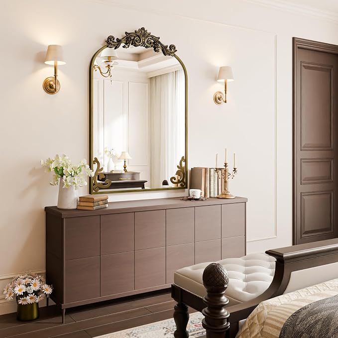 Koonmi Vintage Mirror, 26x38 Wall Mounted Vanity Mirror, Tempered Glass, Detachable Flower Head, Bronze Antique Decorative Mirror for Bathroom Entryway Fireplace Living Room Hallway - Image 8