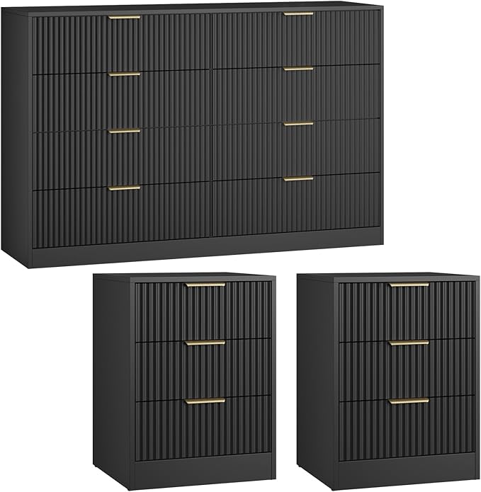 3Pcs Black Dresser & 3 Drawer Nightstand Set, 55” Wide Tall Fluted Dresser and Night Stand Set of 2 with Metal Handle, Modern Wood Chest of Drawers Storage Dressers Set for Bedroom, Black