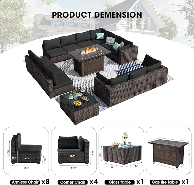 14 Pieces Patio Furniture Set with 44" Fire Pit Table, Rattan Outdoor Sectional Conversation Sets, All Weather Outdoor Furniture Set with Cushions for Garden Lawn Balcony Porch Deck Black