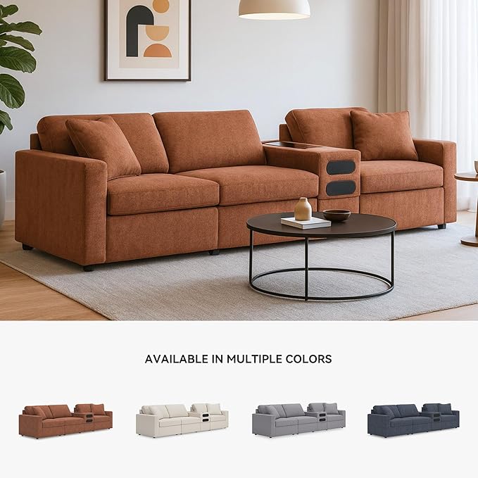 Signature Design by Ashley Modmax Urban Modular Stain Resistant 4-Piece Sectional with Audio Console, Drawer Storage, USB Ports and 2 Accent Pillows, Orange