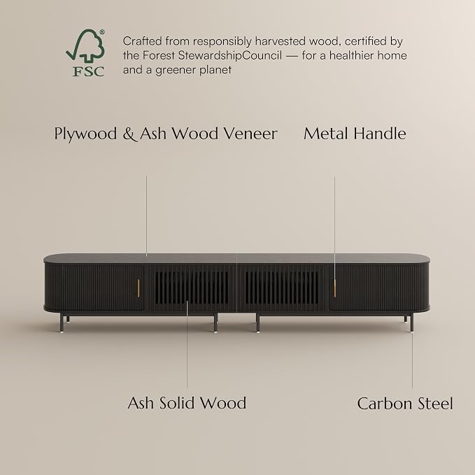 POVISON Fully-Assembled Sliding Tambour Door TV Stand, Mid Century Modern TV Console, Wood Media Console, Entertainment Center with Storage Cabinet(Black, 118.11") - Image 7