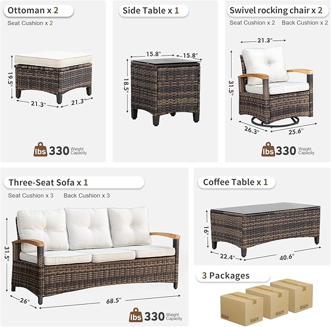 MEISSALIVVE 7 Pieces Patio Furniture Sets,Wicker Patio Conversation Sets with 2 Wood Armrests Swivel Glide Chairs, 2 Ottoman, 3-seat Sofa and Coffee Table (Beige)