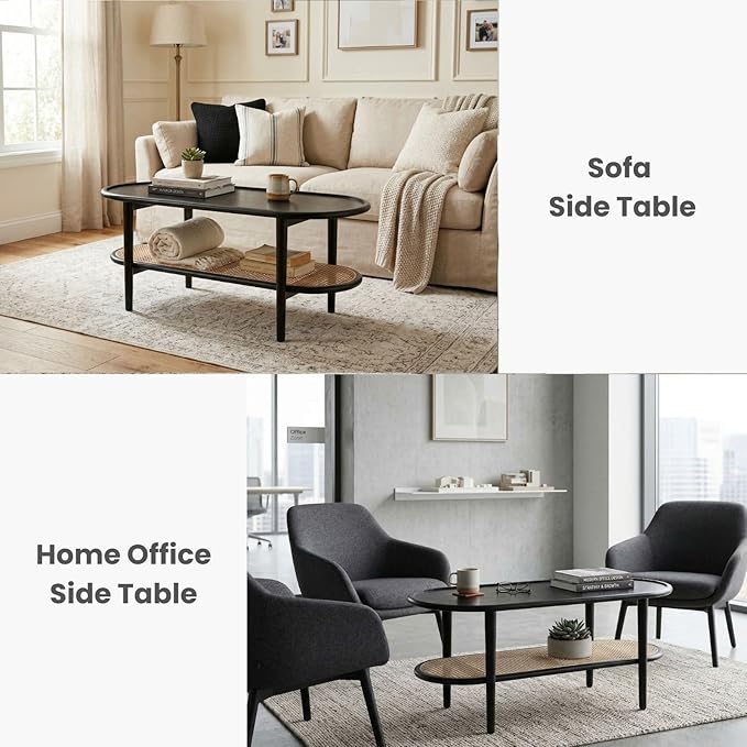 Black 2-Tier Oval Coffee Table with Rattan Storage Shelf, Modern Boho Cane Wicker Coffee Table for Living Room, Minimalist Wooden Accent Table for Entryway