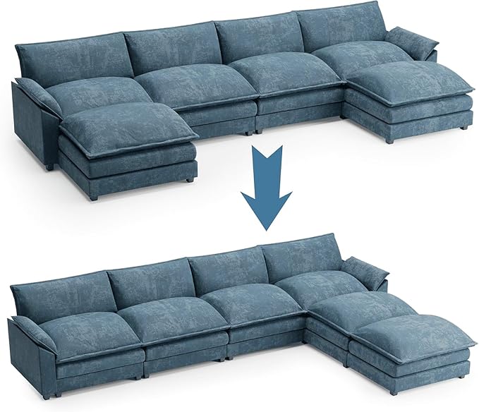 Shahoo Sectional Modular Sofa U Shaped Chenille Fabric Couch with High Supportive & Soft Sponges and Removable Ottoman, Sleeper Comfy Upholstered Furniture for Living Room, Blue