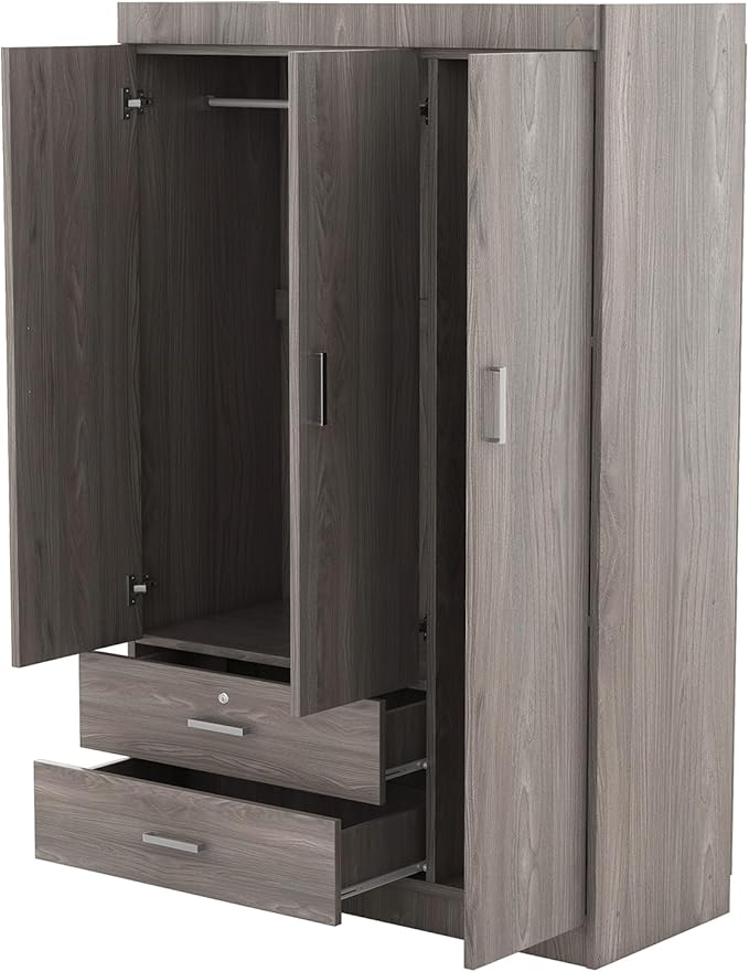 LZ LEISURE ZONE 3 Doors Wardrobe Armoire Closet, Large Freestanding Armoire Wardrobe Cabinet with 2 Drawers, Bedroom Clothes Storage Cabinet Organizer, Wood Grain Effect in Gray