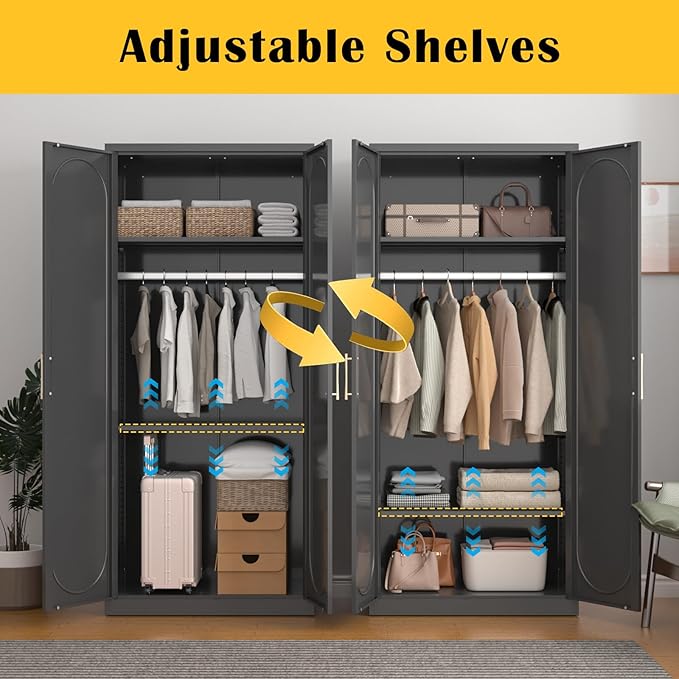 SteeLoong 71" Metal Armoire Wardrobe Closet with Doors,Tall Clothing Storage Cabinet with Adjustable Shelves and Hanging Rod,Black Wardrobe Closet for Bedroom,Home,Office,Gym