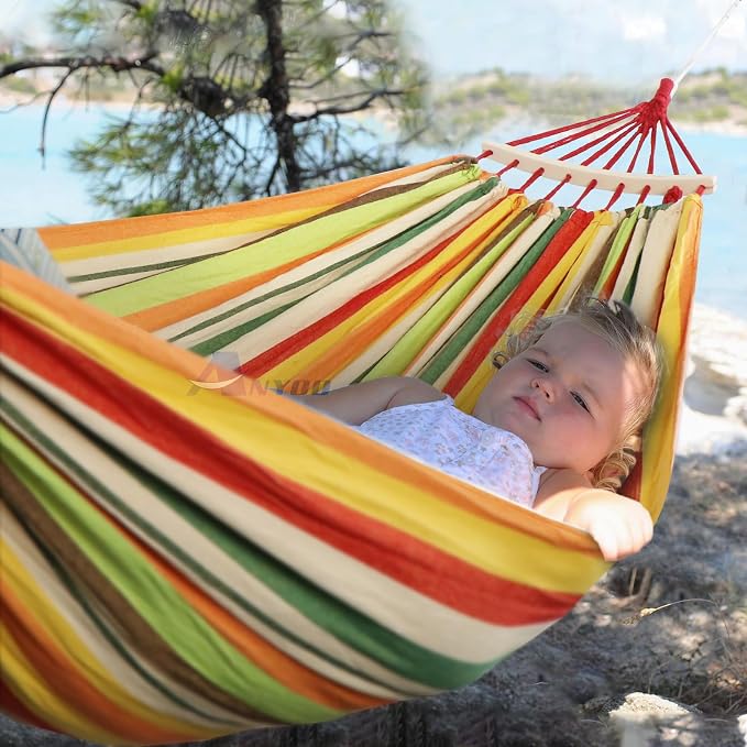 Anyoo Garden Cotton Hammock Comfortable Fabric Hammock with Spreader Bar Sturdy Hammocks Up to 450lbs Portable Lightweight Hammocks with Travel Bag for Camping Outdoor/Indoor Patio Backyard - Image 7