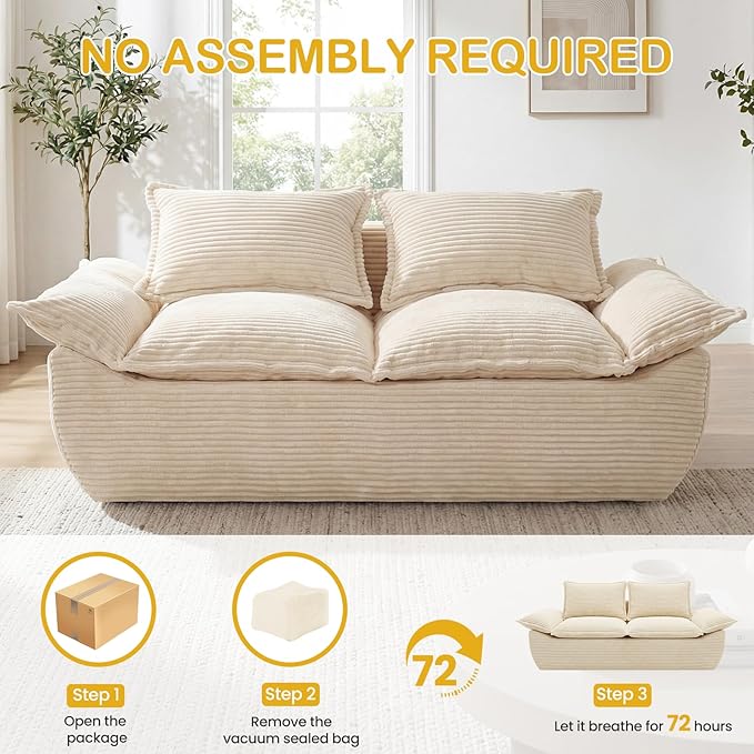 59" Boneless Loveseat Sofa, 2-Seater Beige Boneless Sofa with Removable Cushions & 2 Pillows, Small Couch Boneless Compress Foam Sofa for Living Room, Apartments, & Office