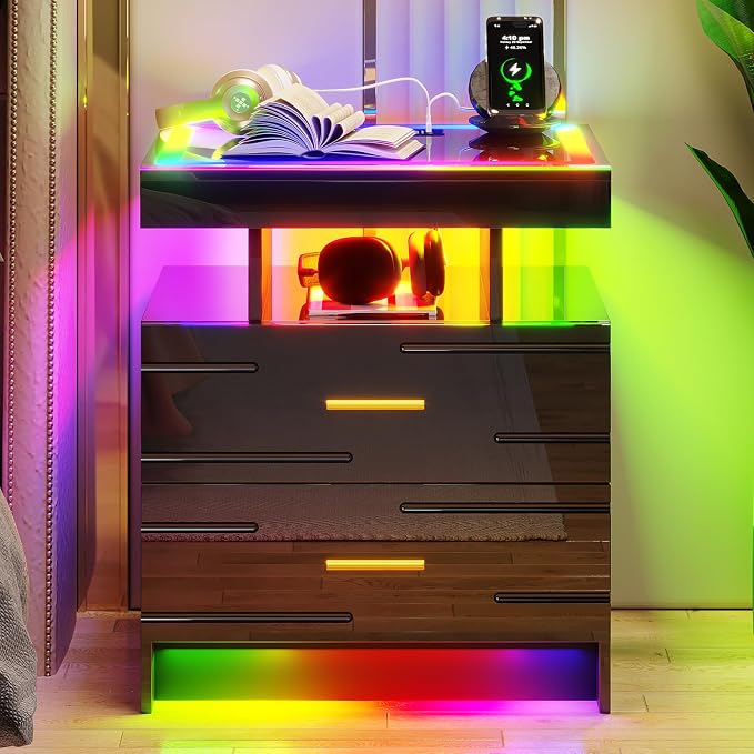 HNEBC RGB Nightstand with Wireless Charging Station, LED Night Stand with Motion Sensor Lights, Smart Bedside Table with Changing Strip Lights with Remote,High Gloss Side Table/Glass Top (Black) - Image 9