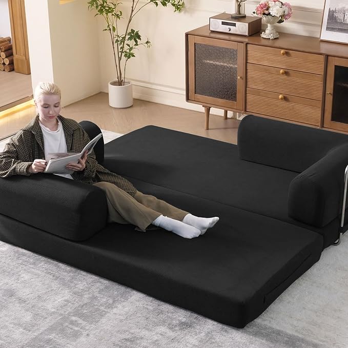 79" Convertible Sleeper Sofa Bed with Cylindrical Pillow, Corduroy Folding Mattress Couch with Fixed-Shape Frame, Floor Sofa Lounge Couch for Living Room Bedroom Lounge Studio (Black)