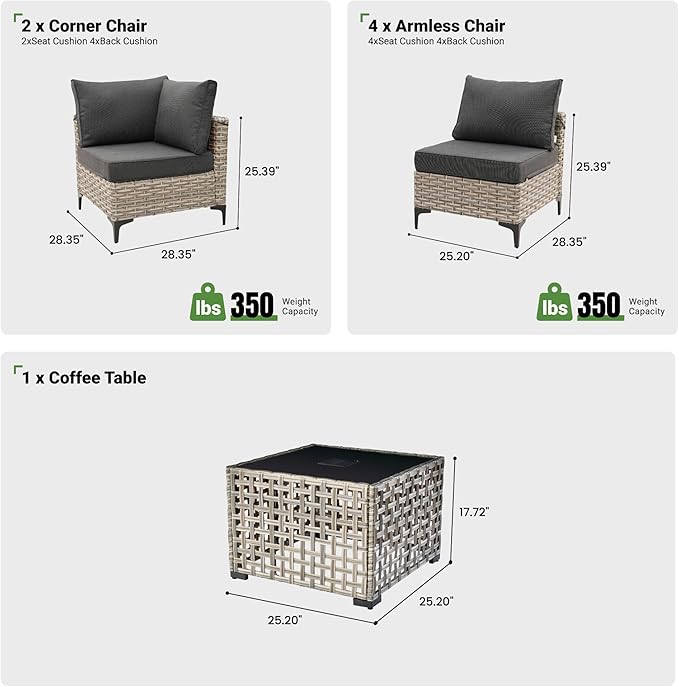 7 Piece Outdoor Patio Furniture with Glowing Coffee Table, Rattan Wicker Conversation Set with Sofa, Sectional Single Chairs for Outside Porch Balcony Backyard Pool,Black